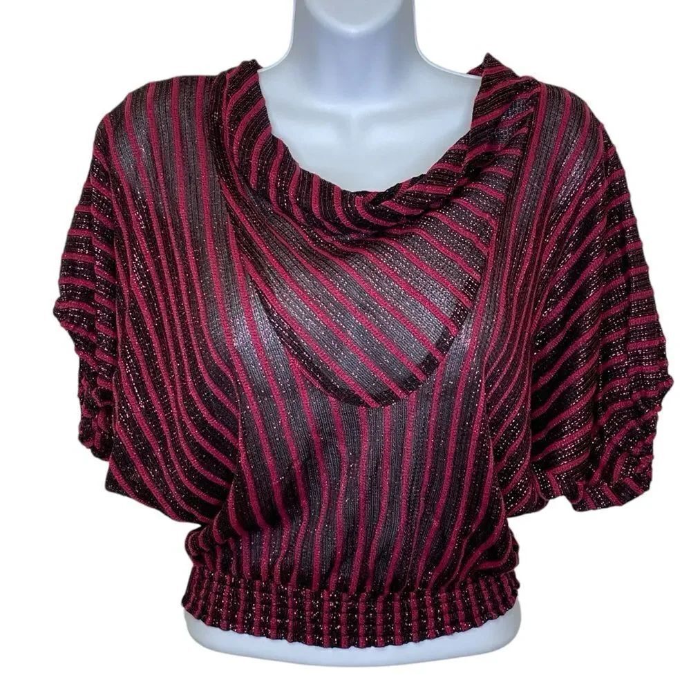 Vintage Stoplight Shirt Sleeve Cropped Striped Blouse Pink Black Elastic Waist S